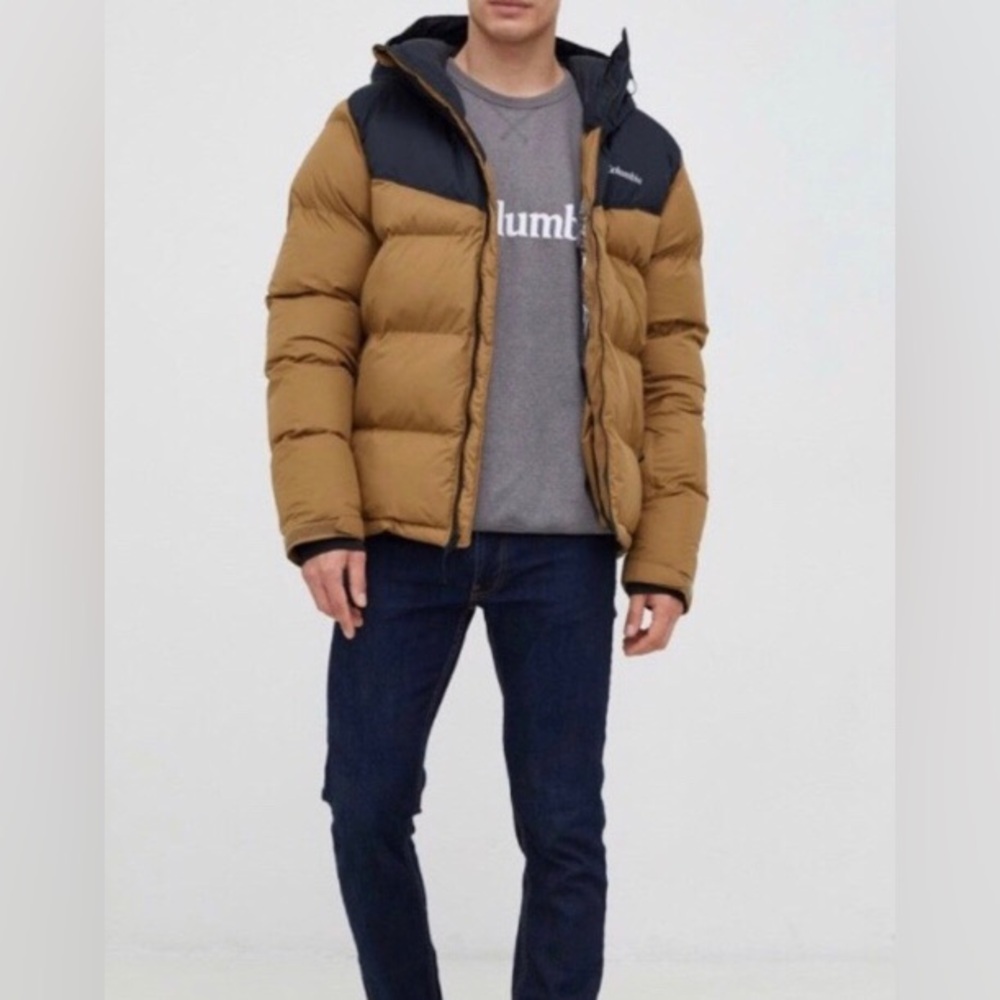 Columbia Insulated Down Color-block Tan/Black Hooded Outdoor Puffer Jacket S